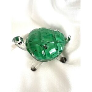 Hand Blown Art Glass Turtle Figurine Green Shell Paperweight Coastal Decor